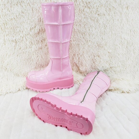 Pink Patent Knee High Goth Punk Festival Boots - Picture 5 of 13